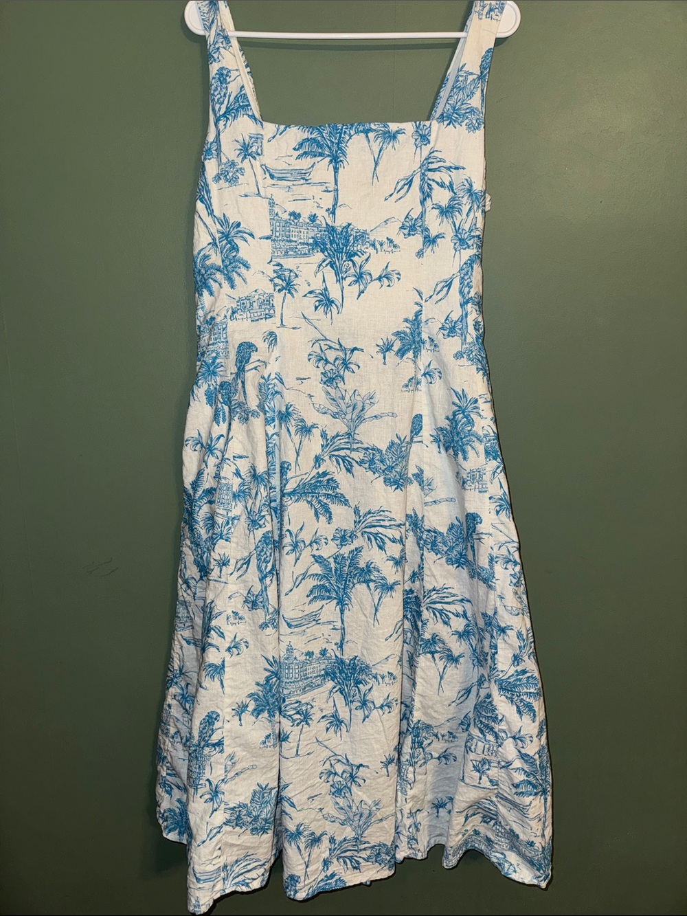 Joie Tropical Print Linen Blend Square Neck MIDI Dress Blue and White XL